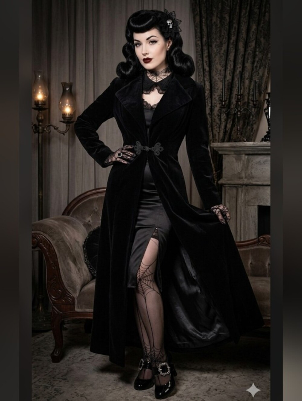NWT JS Collections Vintage Black 100% Cotton Velvet Long Coat, Pinup Goth, Med - Picture 2 of 16